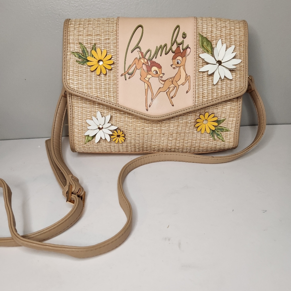 disney our universe bambi straw woven crossbody flap over 3d flowers natural tan